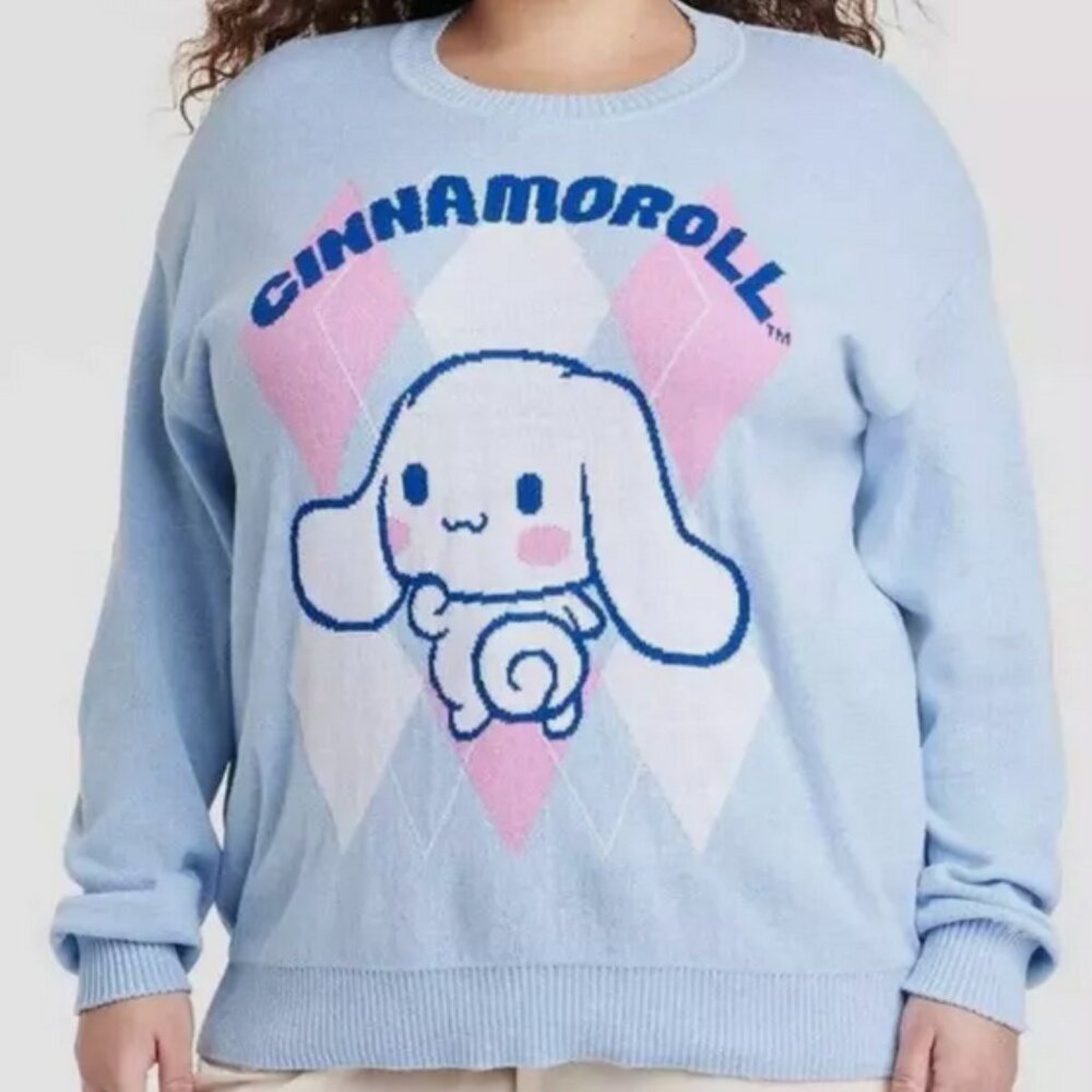 Women's Sanrio Hello Kitty Cinnamoroll Jacquard Knit Argyle Sweater 1X, PTP 25"